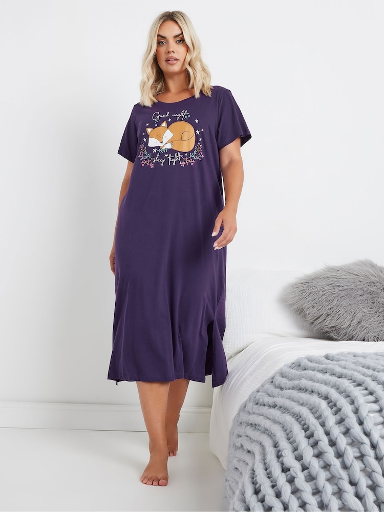 Yours Curve Purple Good Night 100% Cotton Fox Midaxi Nightdress - Image 2 of 5