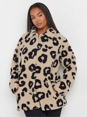Yours Curve Brown Check Teddy Borg Fleece Jacket - Image 1 of 5