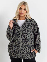 Yours Curve Grey Leopard Print Teddy Borg Fleece Jacket - Image 1 of 5