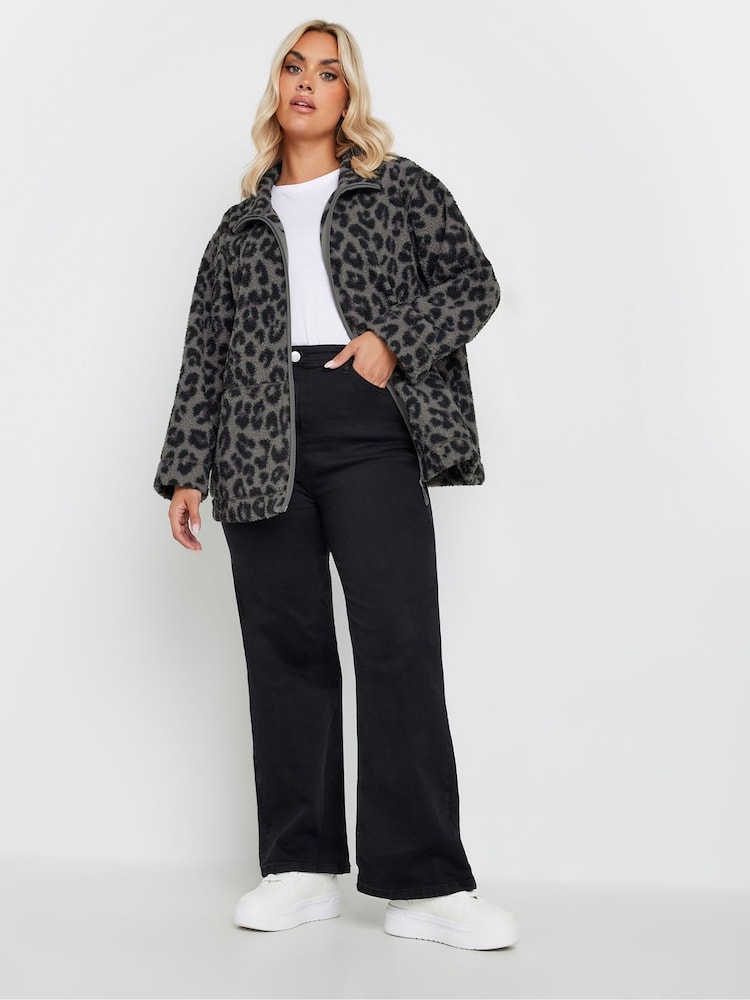Yours Curve Grey Leopard Print Teddy Borg Fleece Jacket - Image 2 of 5