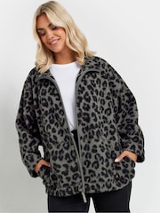 Yours Curve Grey Leopard Print Teddy Borg Fleece Jacket - Image 4 of 5
