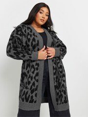 Yours Curve Grey Leopard Print Knitted Cardigan - Image 1 of 5
