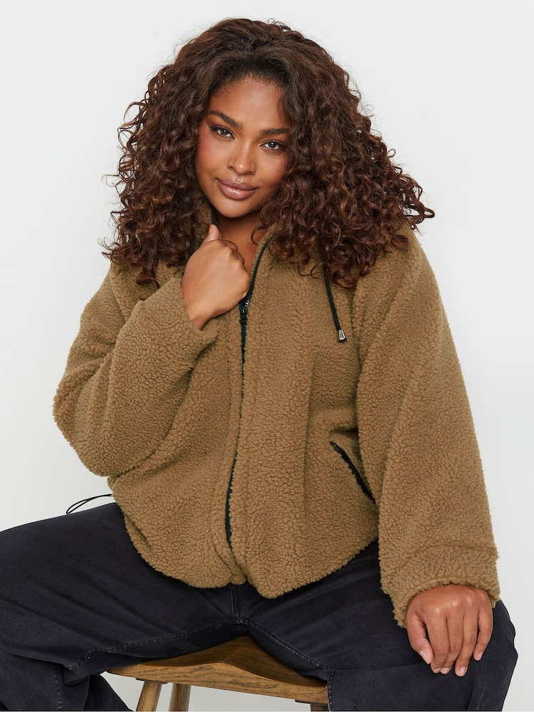 Yours Curve Brown Oversized Limited Borg Hoodie - Image 1 of 5