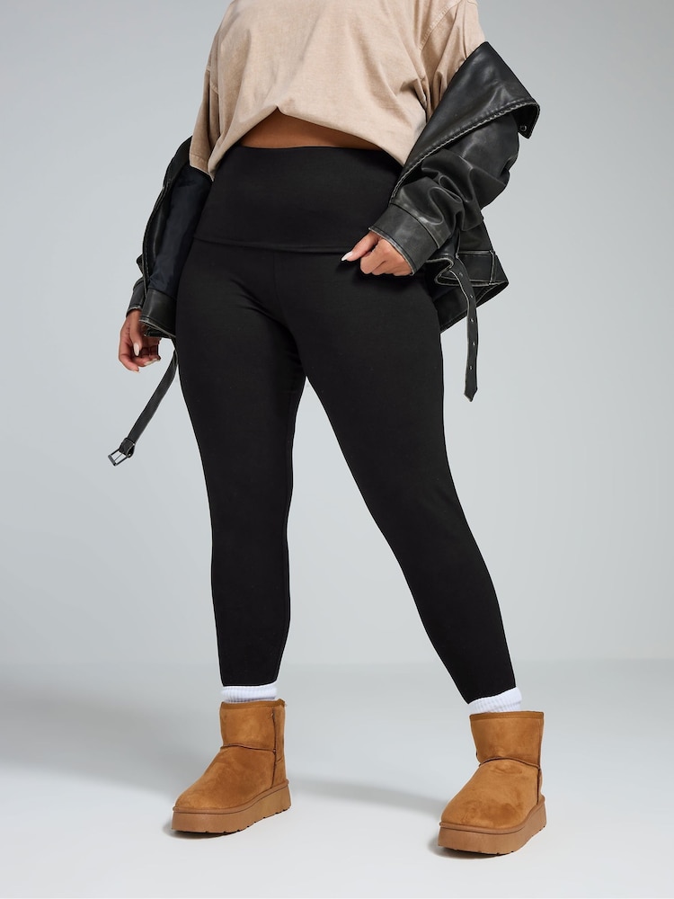 Yours Curve Black Limited Collection Fold Over Leggings - Image 1 of 5
