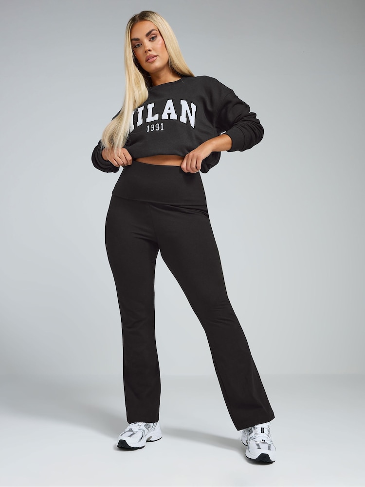 Yours Curve Black Limited Collection Fold Over Kick Flare Leggings - Image 2 of 4