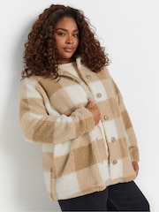 Yours Curve Natural Check Teddy Borg Fleece Jacket - Image 1 of 5