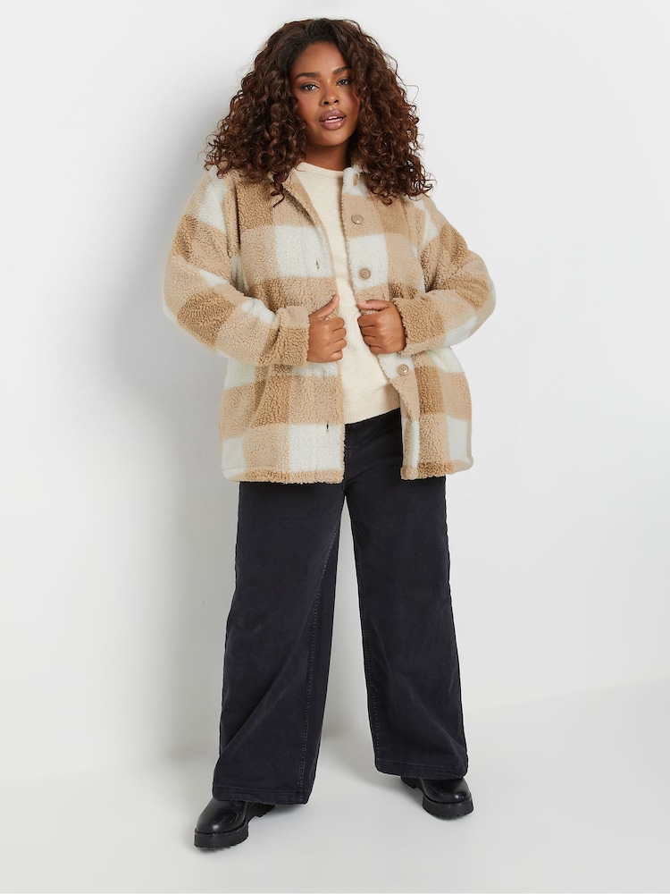 Yours Curve Natural Check Teddy Borg Fleece Jacket - Image 2 of 5