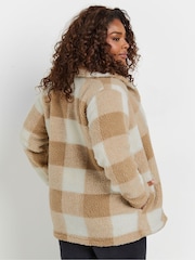 Yours Curve Natural Check Teddy Borg Fleece Jacket - Image 3 of 5
