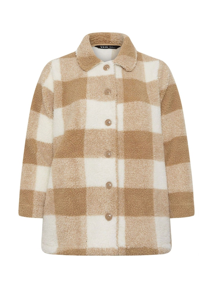 Yours Curve Natural Check Teddy Borg Fleece Jacket - Image 5 of 5