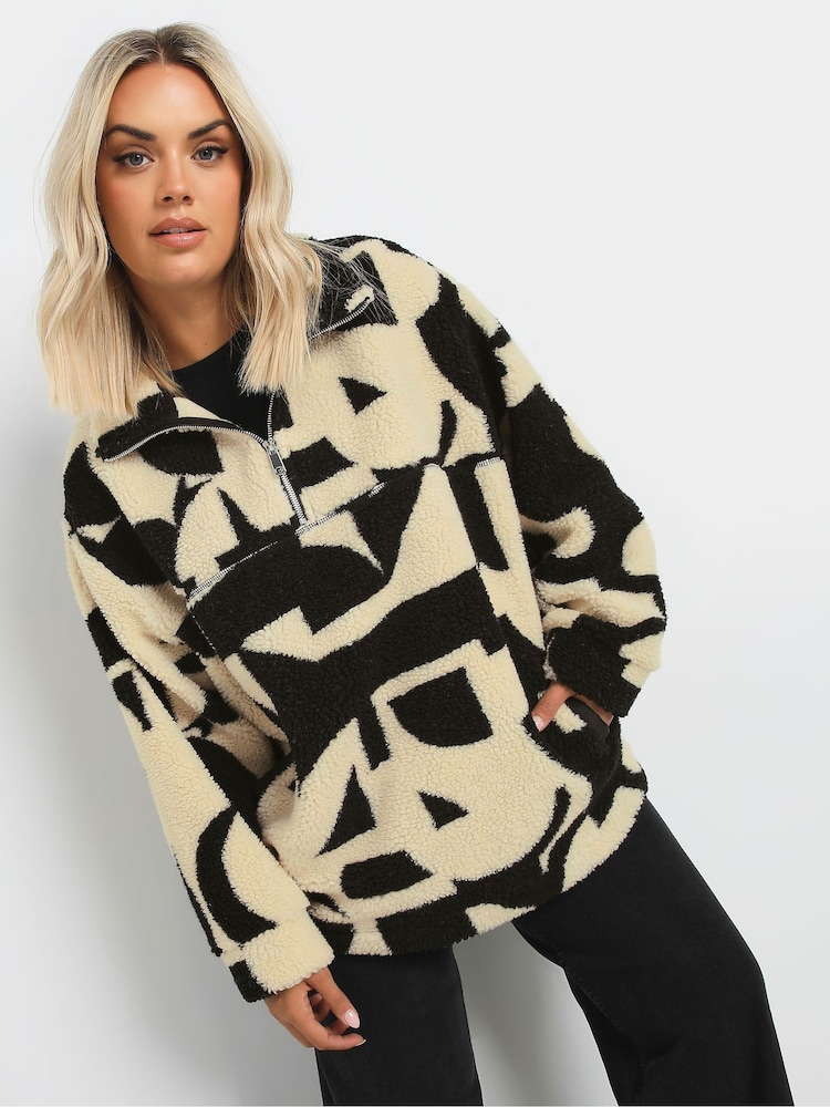 Yours Curve Black Oversized Limited Borg Half Zip Jacket - Image 1 of 5