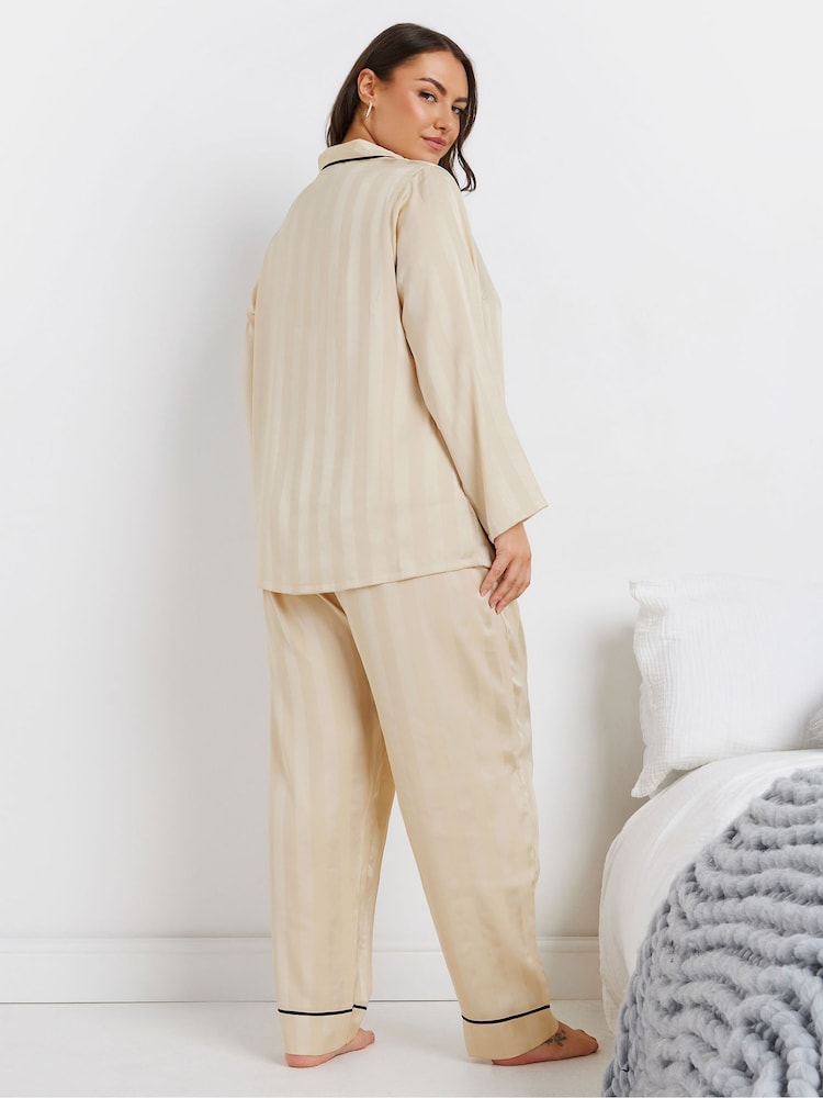 Yours Curve Cream Jacquard Stripe Satin Pyjamas Set - Image 3 of 5