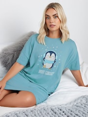 Yours Curve Blue 100% Cotton Just Chillin Penguin Sleep T-Shirt - Image 1 of 5