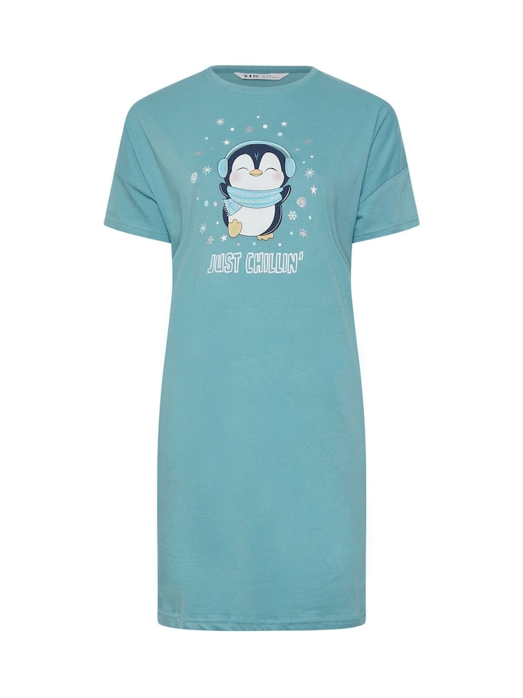 Yours Curve Blue 100% Cotton Just Chillin Penguin Sleep T-Shirt - Image 5 of 5