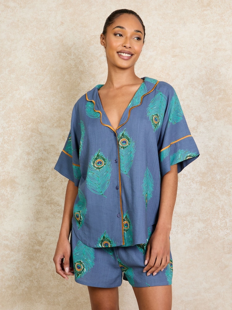 Their Nibs Navy Peacock Linen Blend Short Pyjama Set - Image 1 of 4
