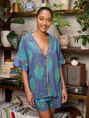 Their Nibs Navy Peacock Linen Blend Short Pyjama Set - Image 3 of 4