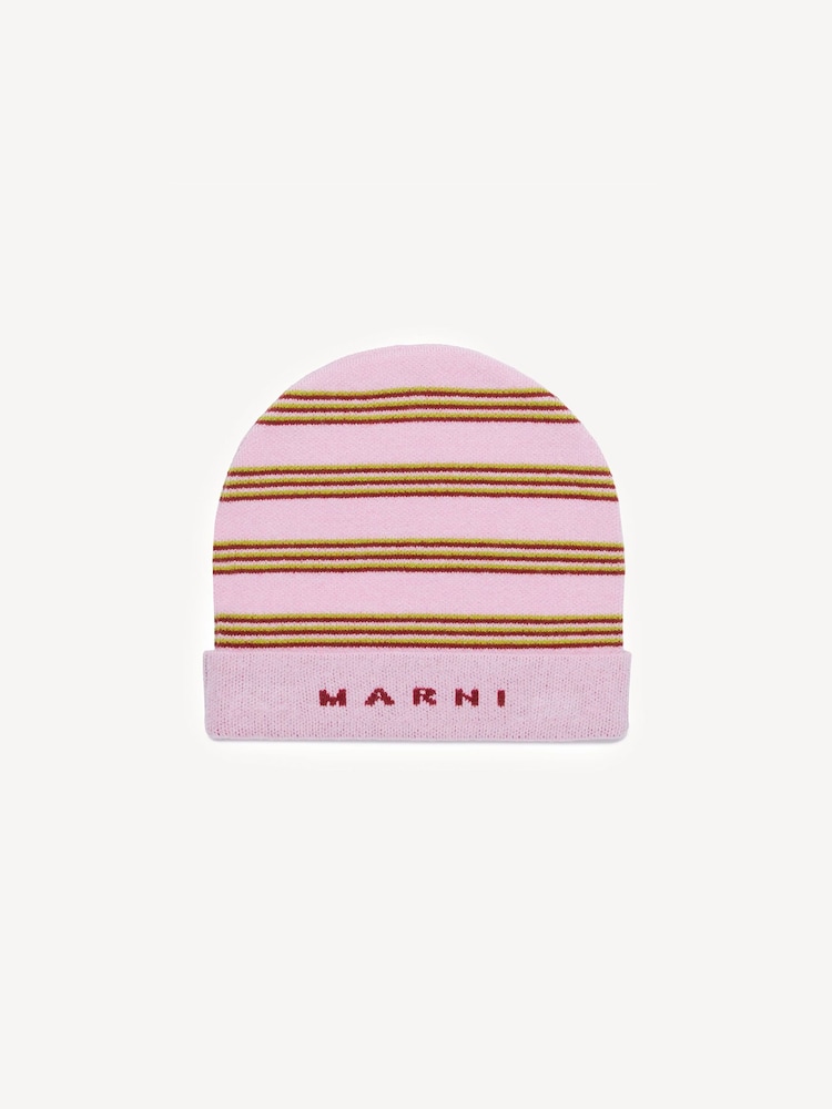 Marni Pink Stripe Logo Knitted Hat - Image 1 of 4