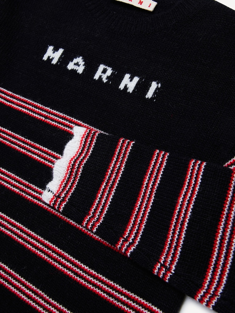 Marni Stripe Long Sleeve Logo Black Dress - Image 5 of 5