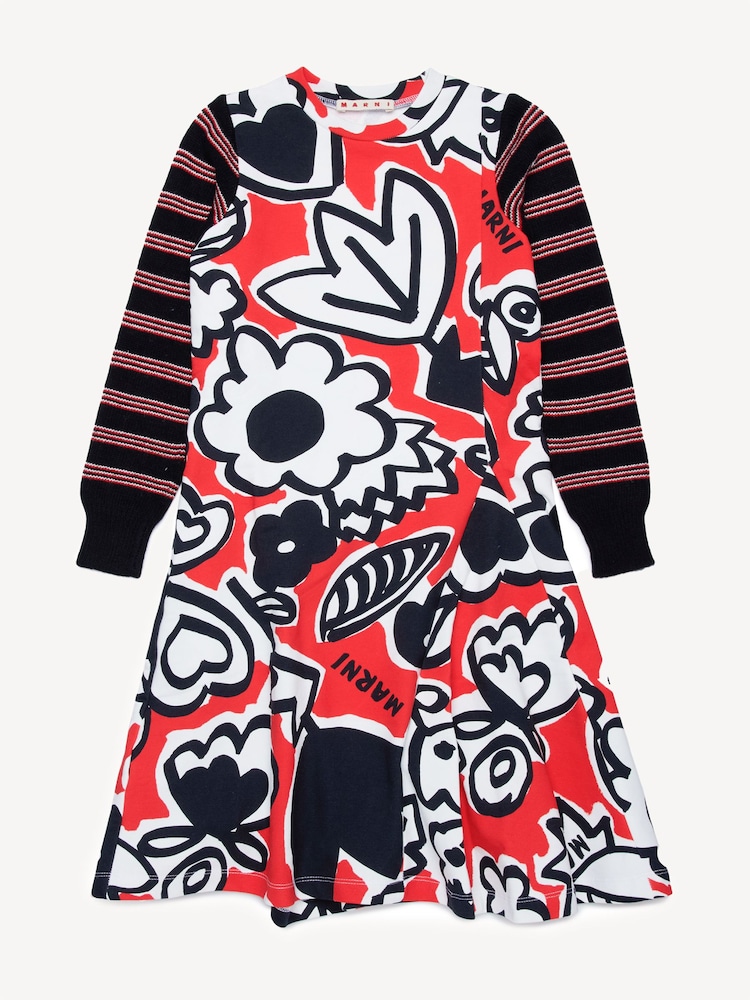 Marni Red Abstract Floral Print Long Sleeve Dress - Image 1 of 5