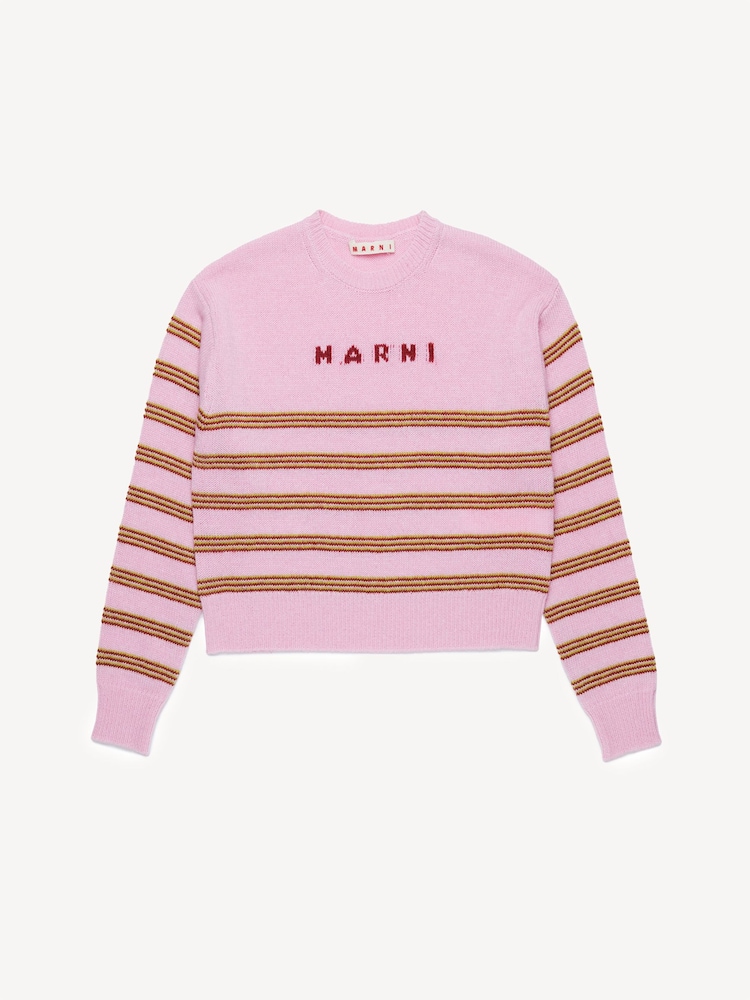 Marni Pink Stripe Long Sleeve Logo Knitted Jumper - Image 1 of 5