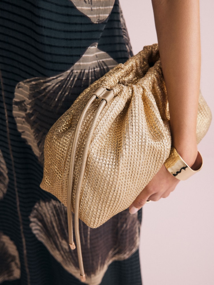Gold Raffia Oversized Ruched Clutch Bag Laura Ashley