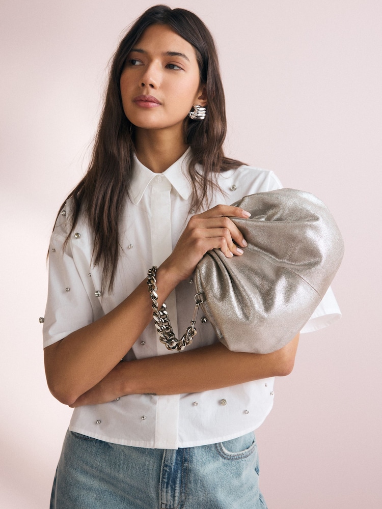 Silver Leather Snap Clutch Bag - Image 2 of 10