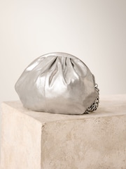 Silver Leather Snap Clutch Bag - Image 7 of 10