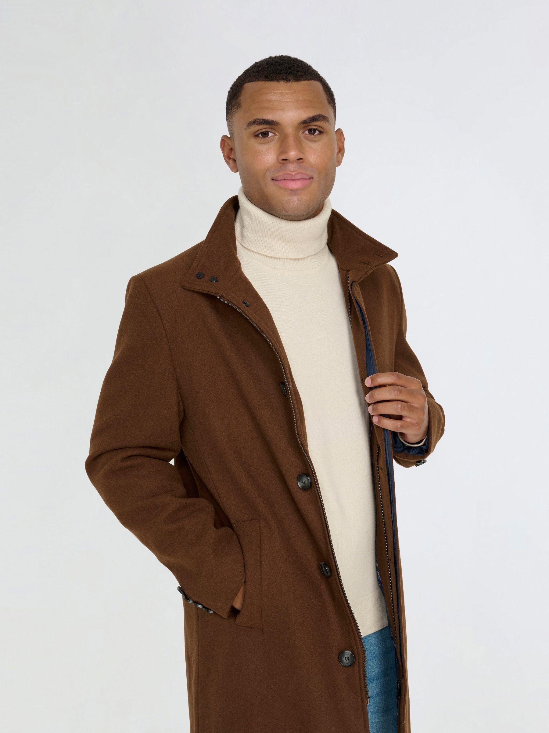 Buy Harry Brown Brown George Wool Melton Coat with Funnel Neck