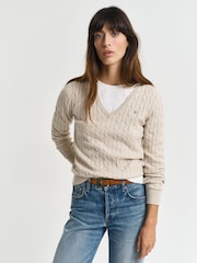 GANT Beige Stretch Cotton Cable V-Neck Jumper - Image 1 of 4