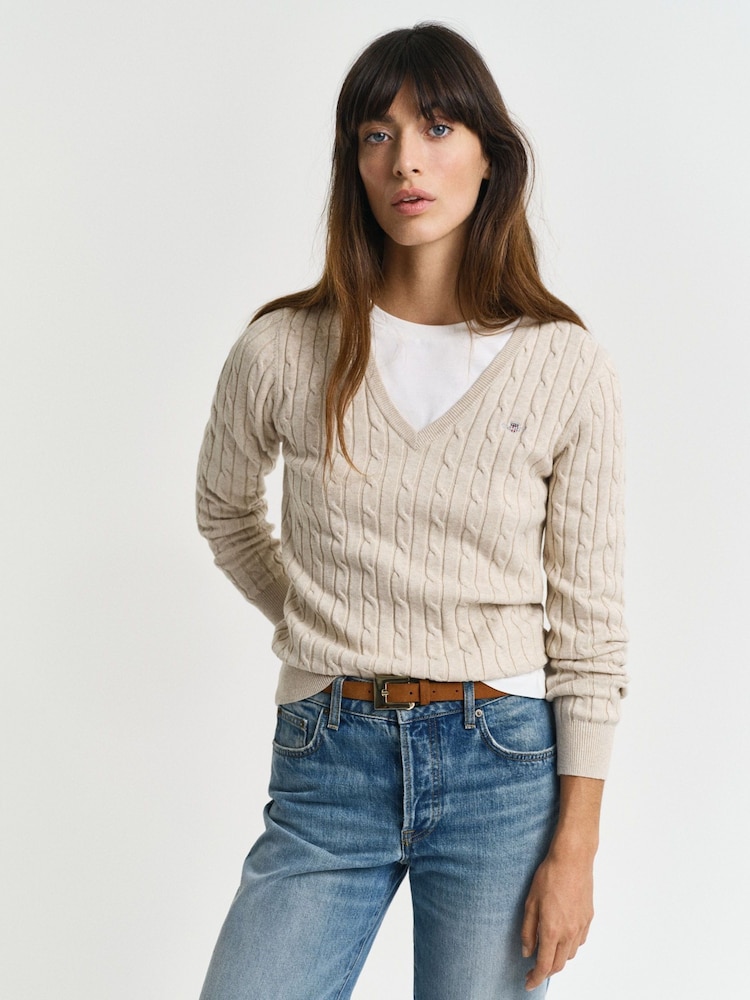 GANT Beige Stretch Cotton Cable V-Neck Jumper - Image 1 of 4