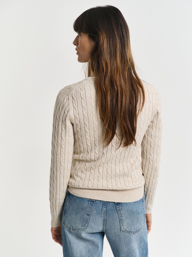 GANT Beige Stretch Cotton Cable V-Neck Jumper - Image 2 of 4