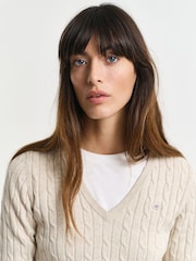 GANT Beige Stretch Cotton Cable V-Neck Jumper - Image 4 of 4