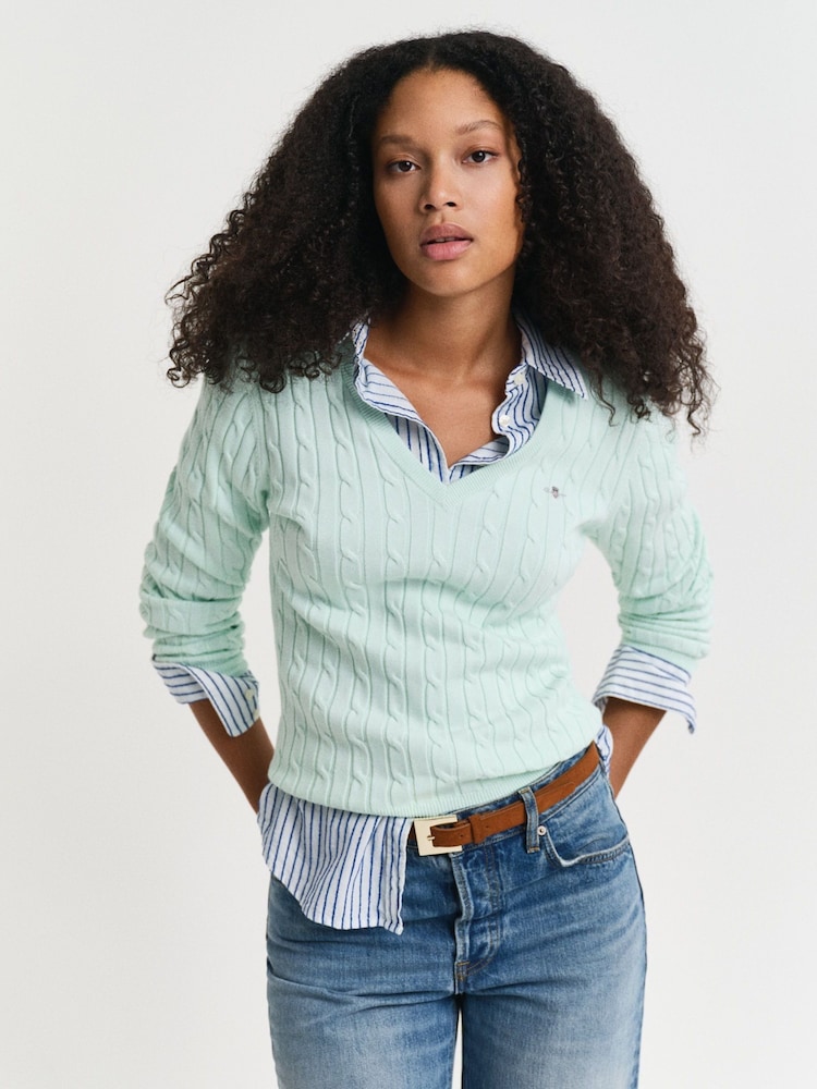 GANT Mint Green Stretch Cotton Cable V-Neck Jumper - Image 1 of 4
