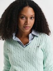 GANT Mint Green Stretch Cotton Cable V-Neck Jumper - Image 3 of 4
