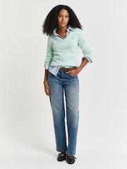 GANT Mint Green Stretch Cotton Cable V-Neck Jumper - Image 4 of 4