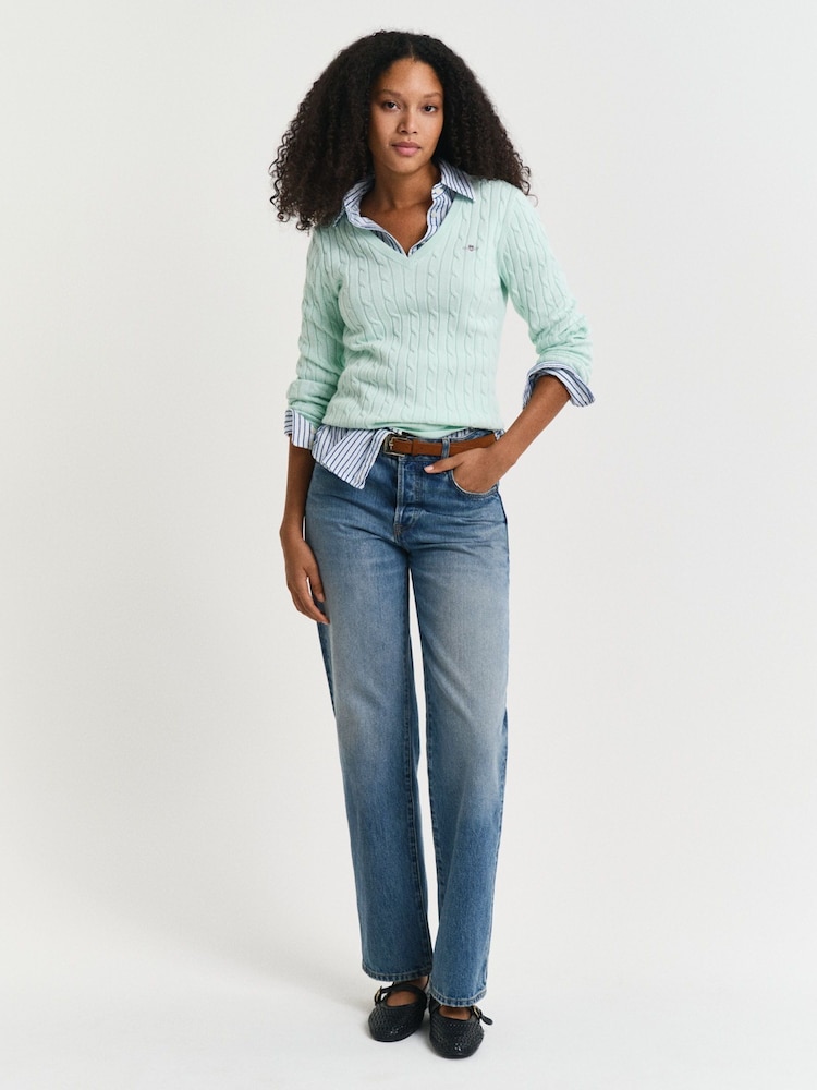 GANT Mint Green Stretch Cotton Cable V-Neck Jumper - Image 4 of 4