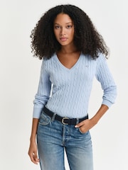 GANT Blue Stretch Cotton Cable V-Neck Jumper - Image 1 of 4