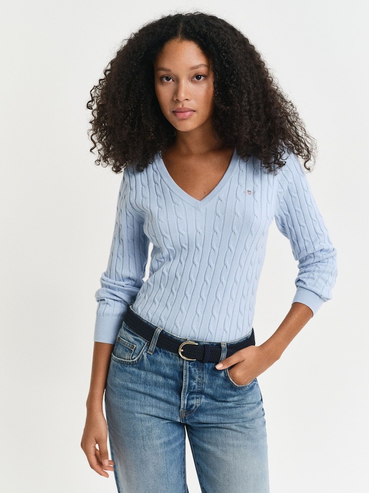 GANT Blue Stretch Cotton Cable V-Neck Jumper - Image 1 of 4