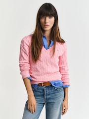 GANT Pink Stretch Cotton Cable V-Neck Jumper - Image 1 of 4