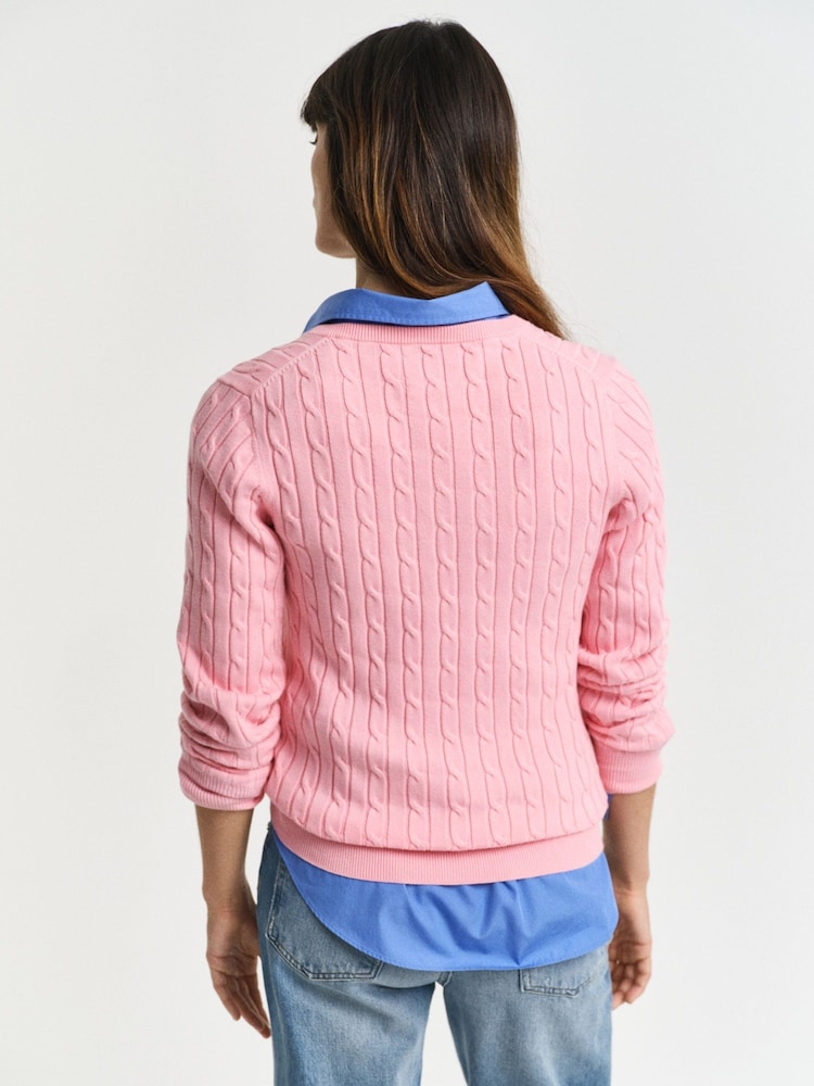 GANT Pink Stretch Cotton Cable V-Neck Jumper - Image 2 of 4