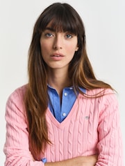 GANT Pink Stretch Cotton Cable V-Neck Jumper - Image 3 of 4