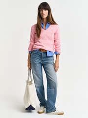 GANT Pink Stretch Cotton Cable V-Neck Jumper - Image 4 of 4