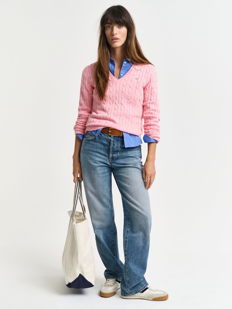 GANT Pink Stretch Cotton Cable V-Neck Jumper - Image 4 of 4