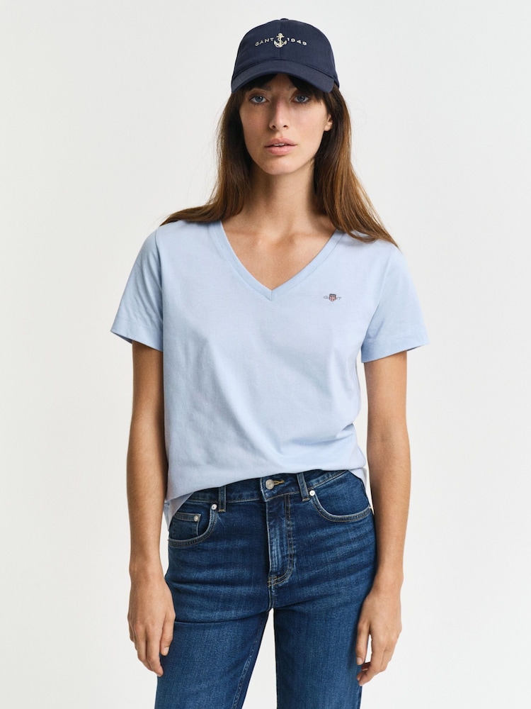 GANT Blue Regular-Fit Shield V-Neck 100% Cotton T-Shirt - Image 1 of 4
