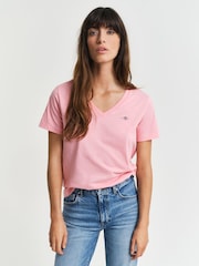 GANT Pink V Neck Shield T-Shirt - Image 1 of 4