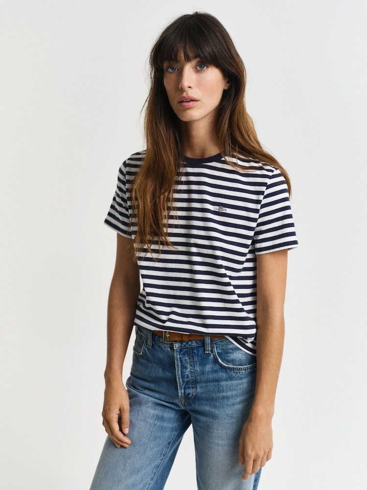 GANT Navy Regular-Fit Stripe Shield Short Sleeve T-Shirt - Image 1 of 4