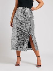 Yours Curve Silver London Sequin Maxi Skirt - Image 1 of 6