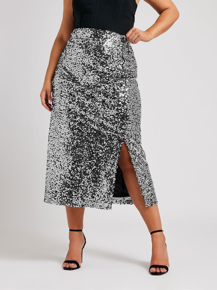 Yours Curve Silver London Sequin Maxi Skirt - Image 1 of 6
