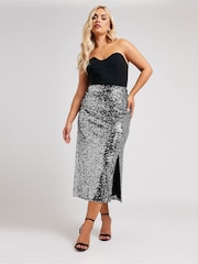 Yours Curve Silver London Sequin Maxi Skirt - Image 3 of 6