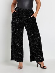 Yours Curve Black Sequin Wide Leg Trousers - Image 1 of 5