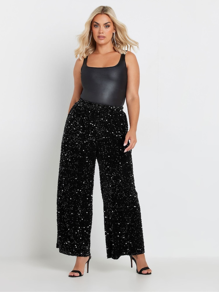 Yours Curve Black Sequin Wide Leg Trousers - Image 2 of 5